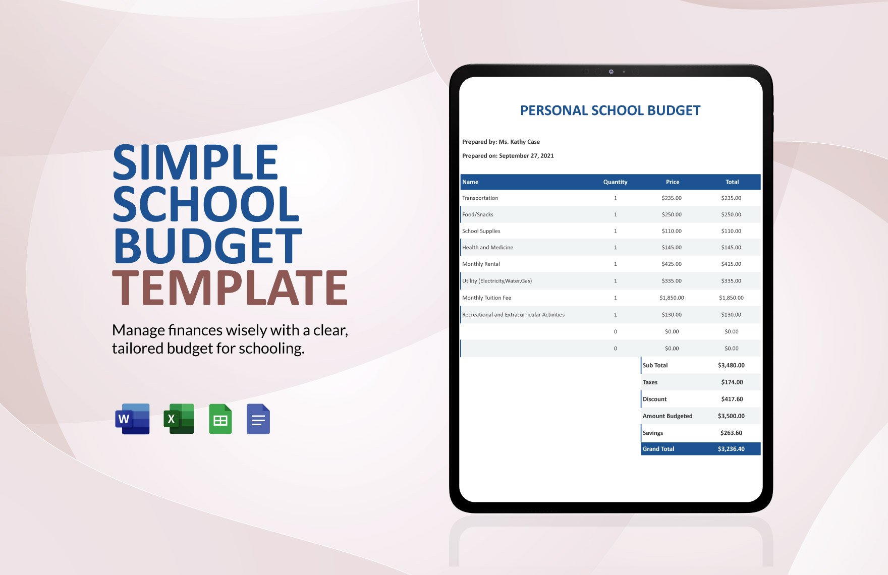 Simple School Budget Template in Word, Google Docs, Excel, Google Sheets