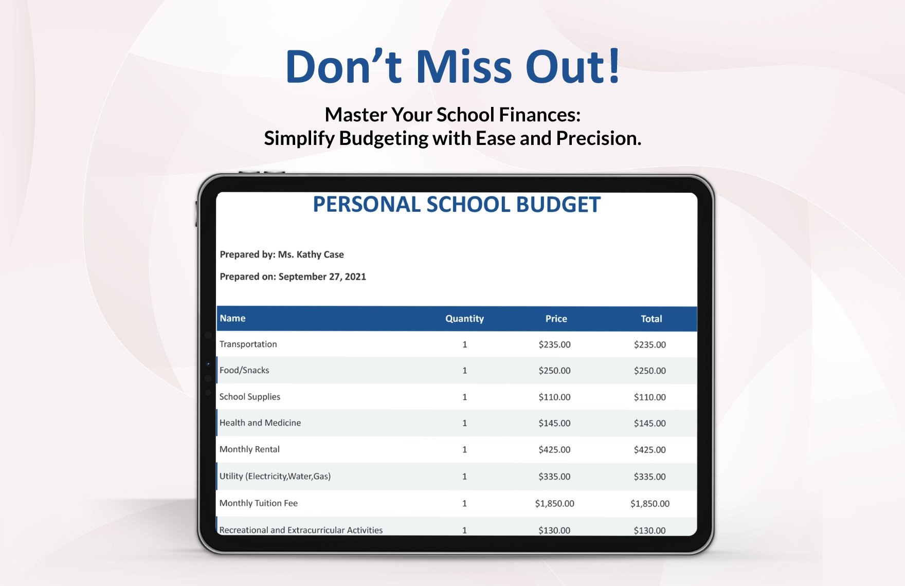 Simple School Budget Template