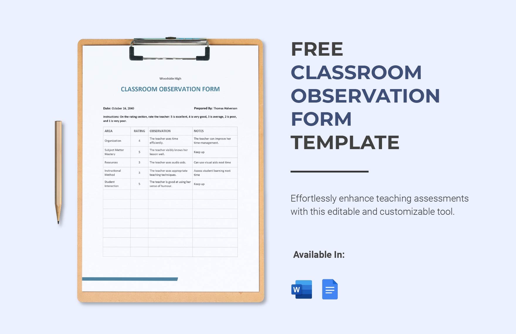 Classroom Observation Form Template