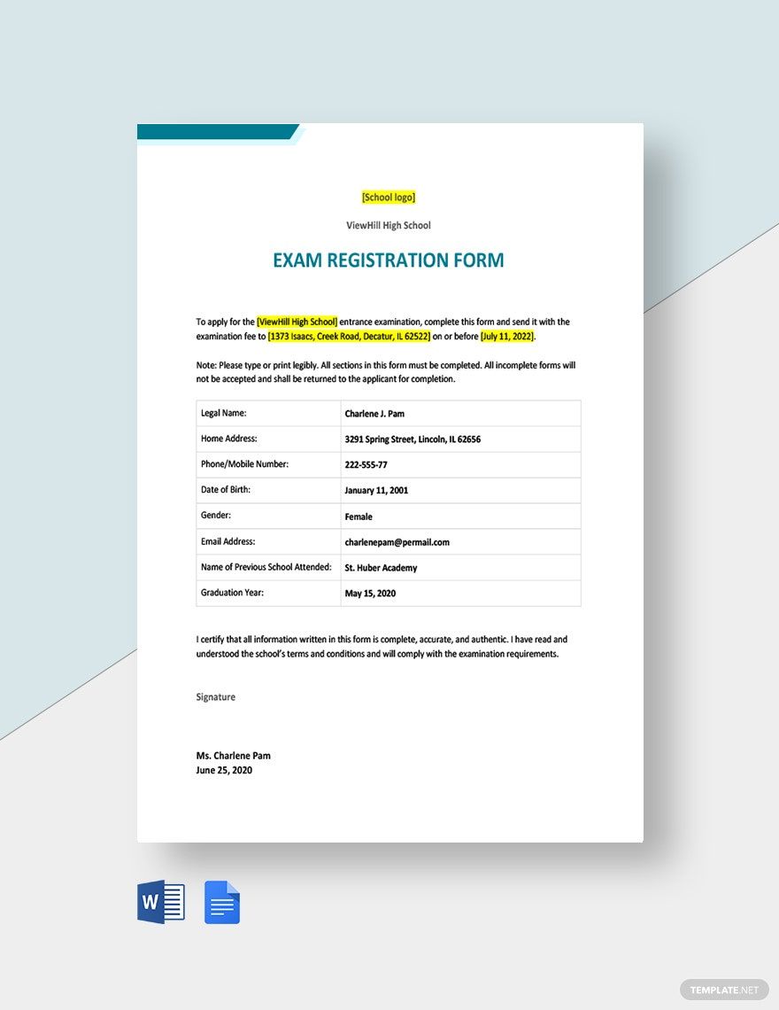 Exam Registration Form Template Download in Word, Google Docs