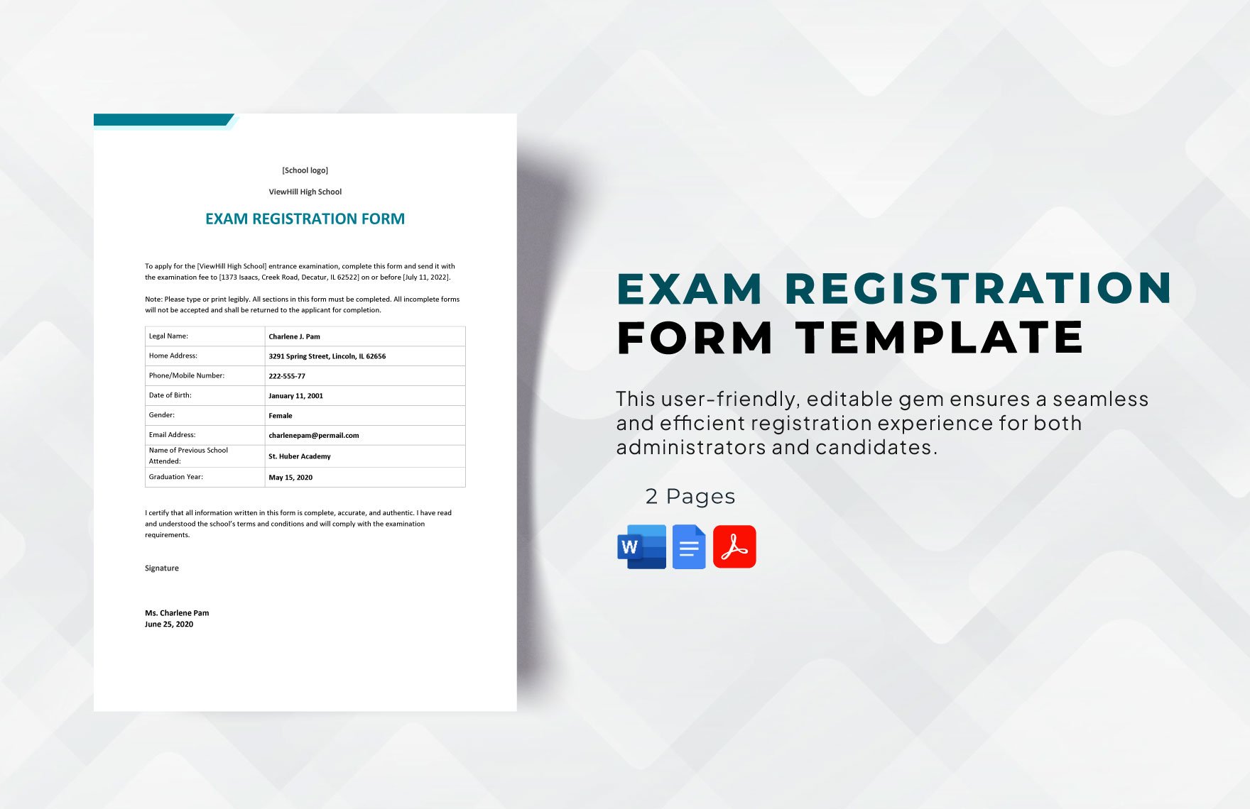 Exam Registration Form Template
