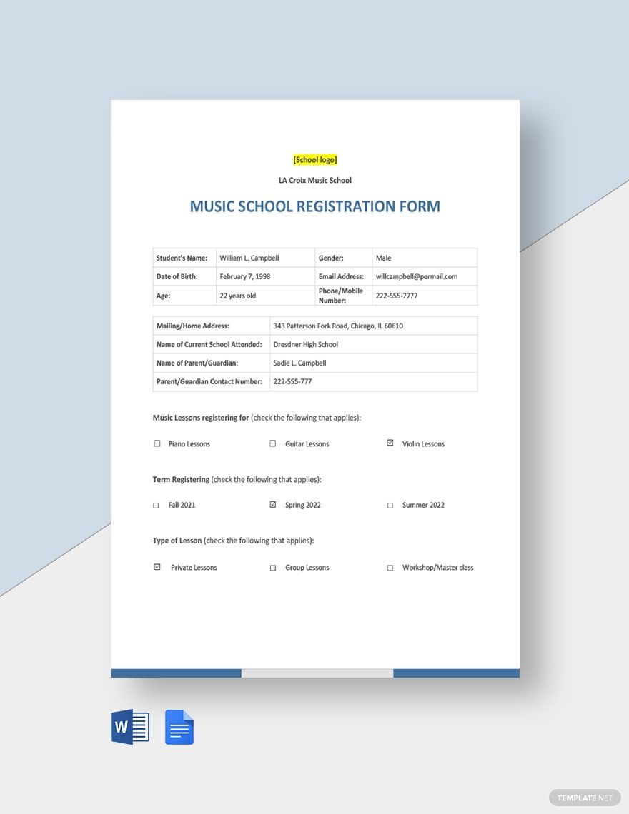 Music School Registration Form Template
