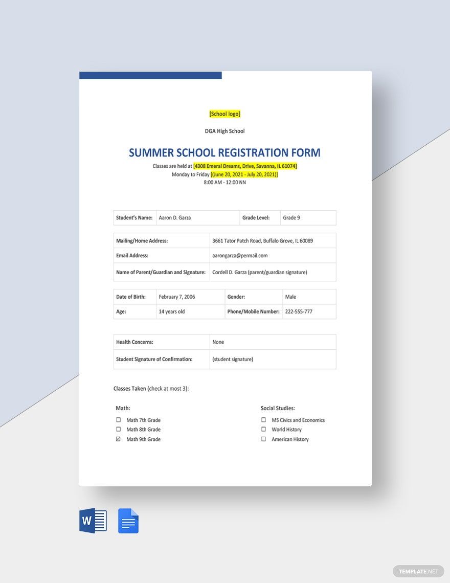 Summer School Registration Form Template