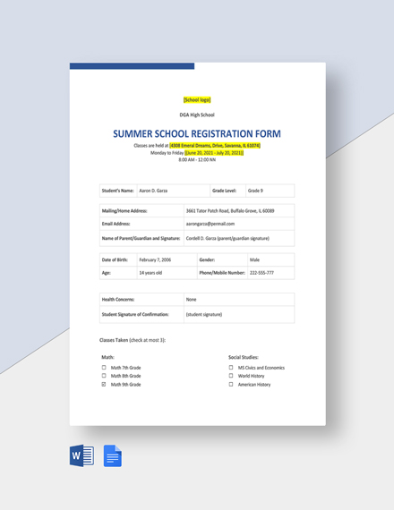 Summer School Registration Form 