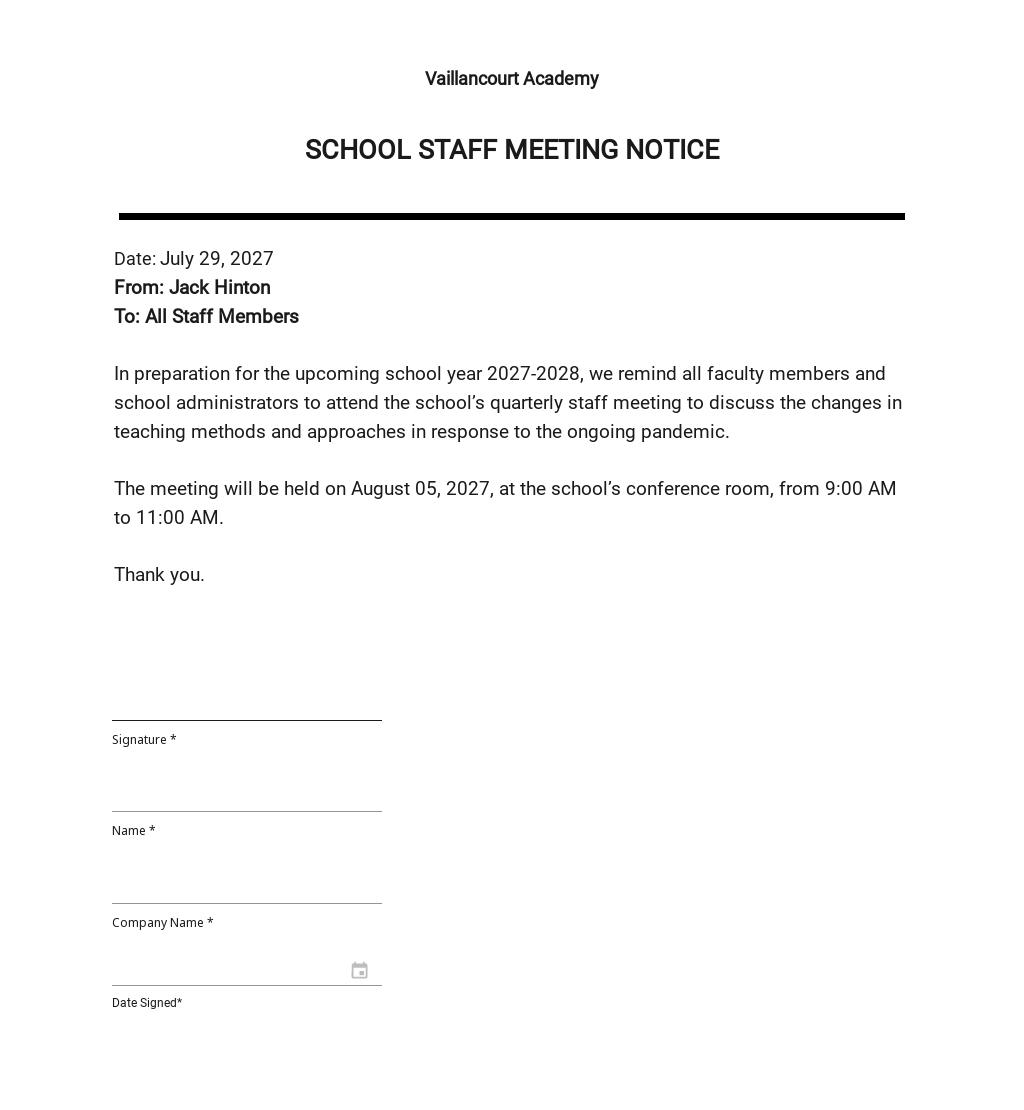 Notice Of Meeting Template Notice Of Meeting Template