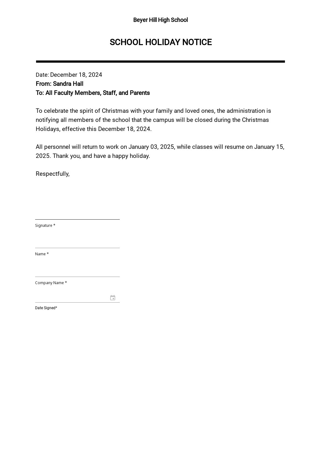 Free School Holiday Notice Template Google Docs Word Template net