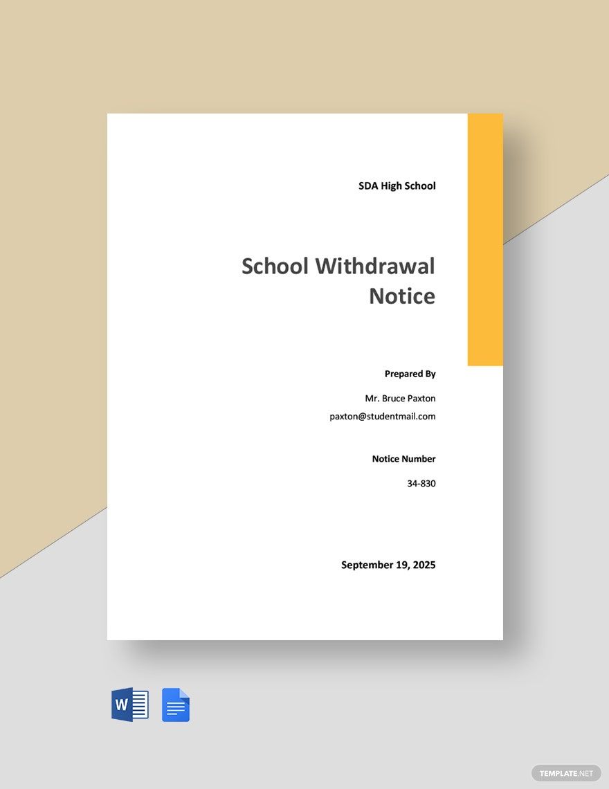 School Withdrawal Notice Template in Word, Google Docs