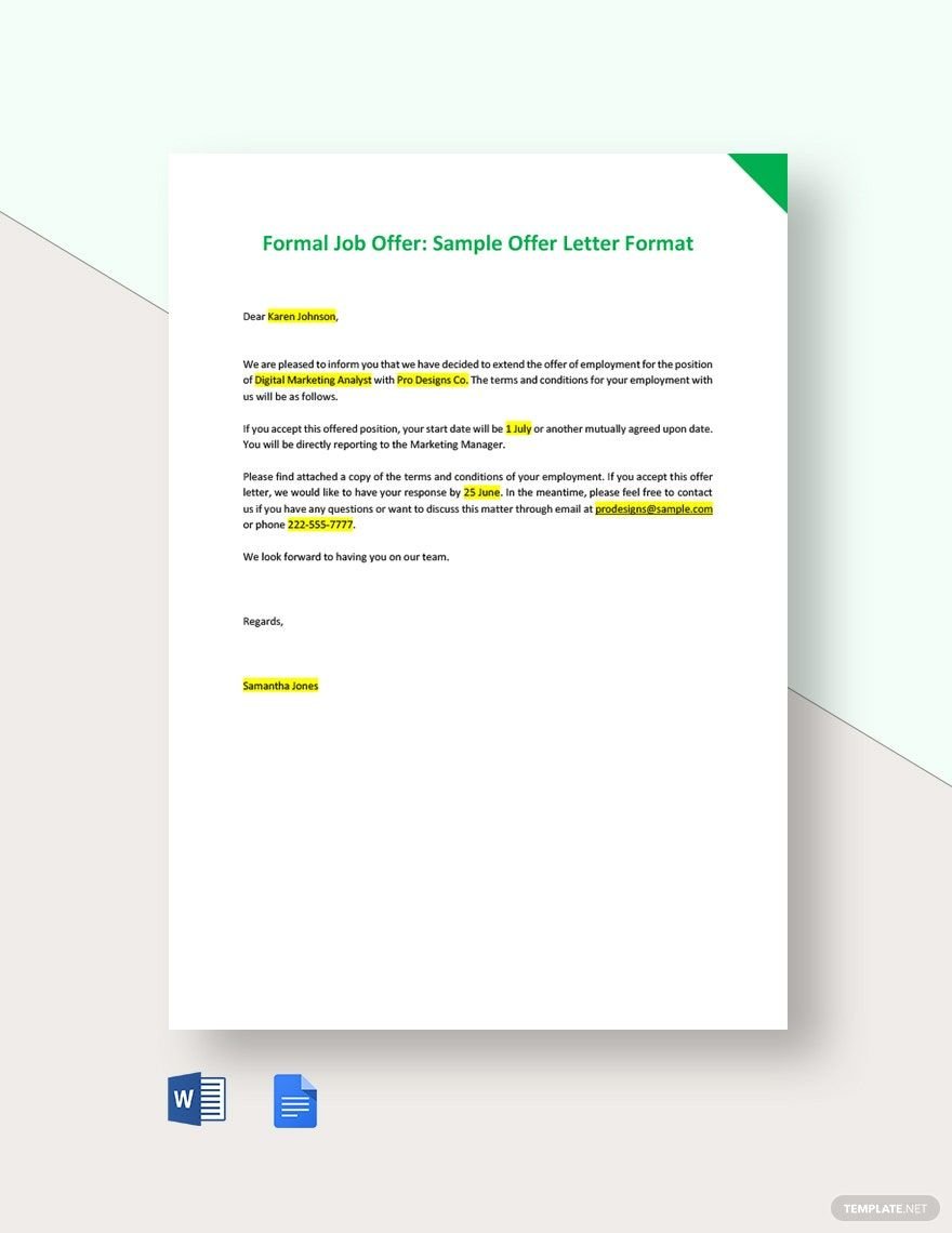 Formal Job Offer - Sample Offer Letter Format Template