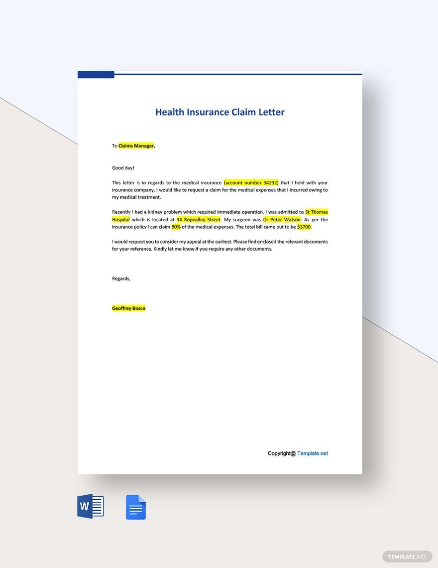 Health Insurance Claim Letter in Word, Google Docs, PDF, Apple Pages