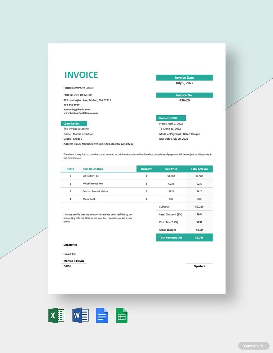 Music School Invoice Template Download in Word, Google Docs, Excel