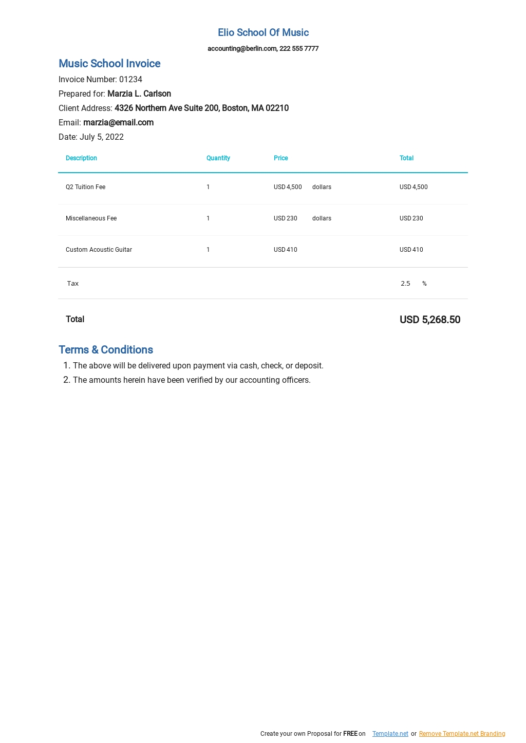 Music School Invoice Template - Google Docs, Google Sheets, Excel, Word