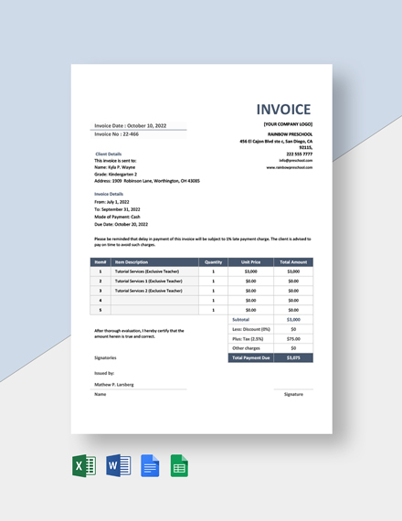 school teacher invoice template  word doc  excel