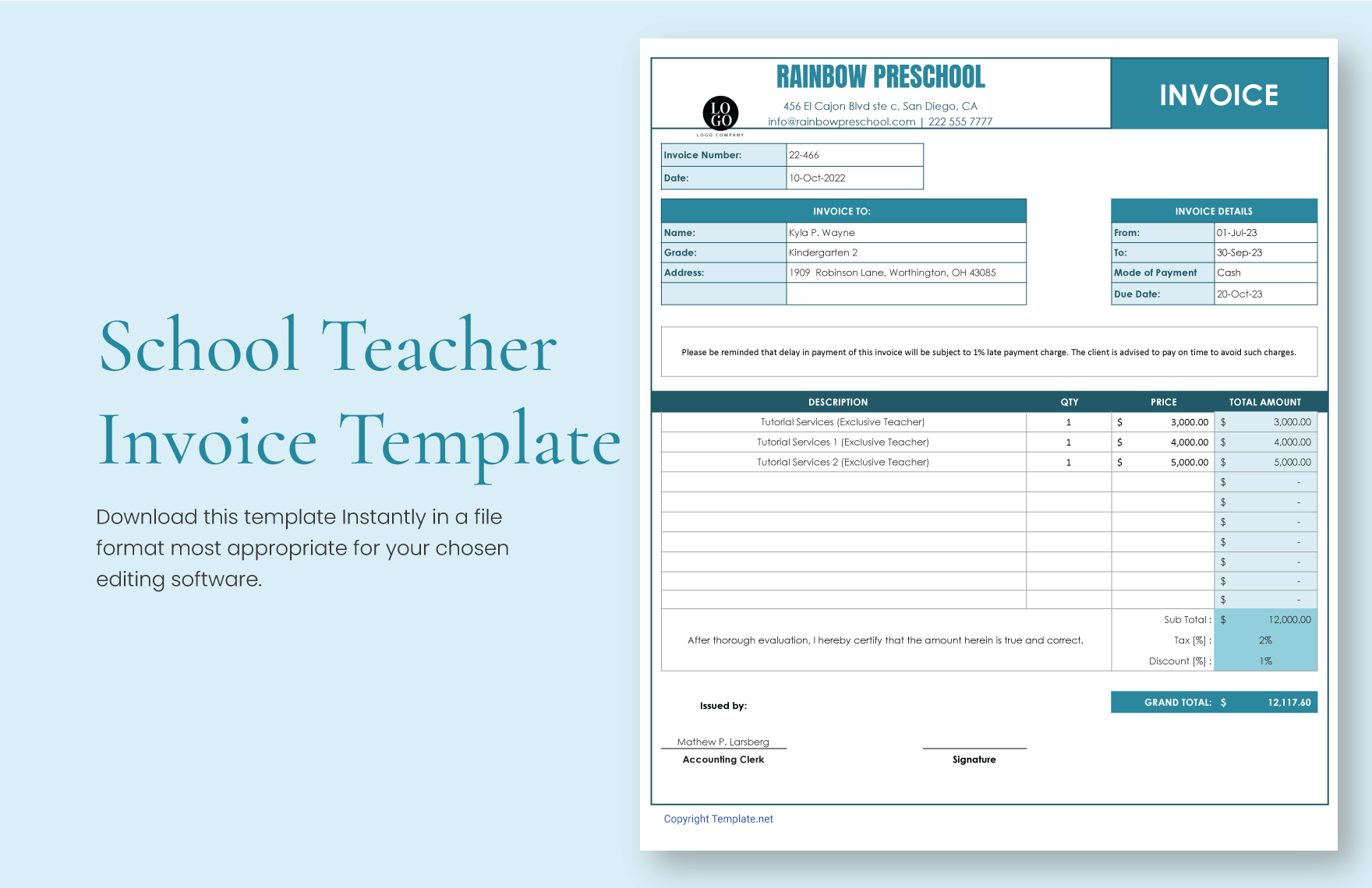 School Fees Invoice Template in Google Docs, Word, Excel, Google Sheets ...