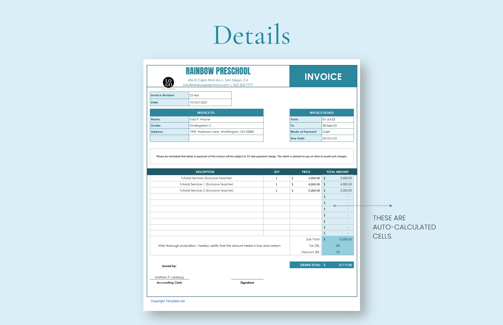 School Teacher Invoice Template