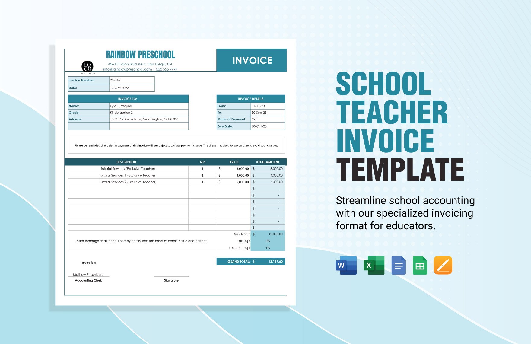School Teacher Invoice Template in Word, Google Docs, Excel, Google Sheets, Apple Pages