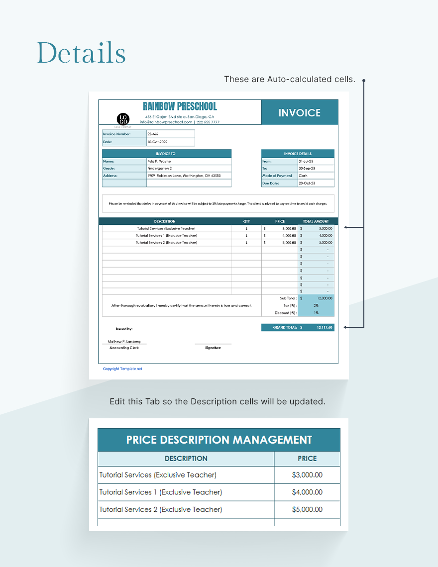 School Teacher Invoice Template - Google Docs, Google Sheets, Excel ...