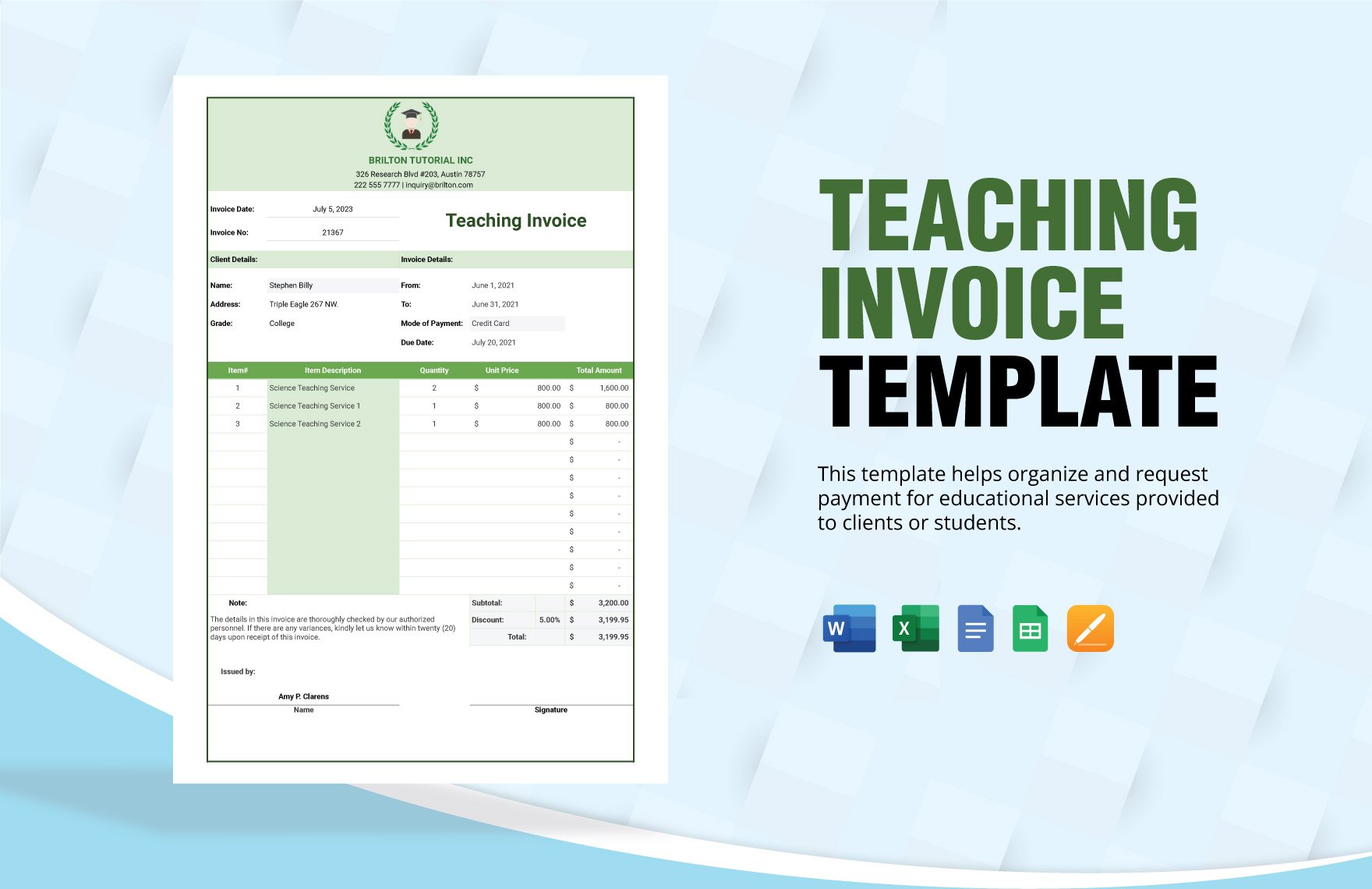 Teaching Invoice Template in Word, Google Docs, Excel, Google Sheets, Apple Pages
