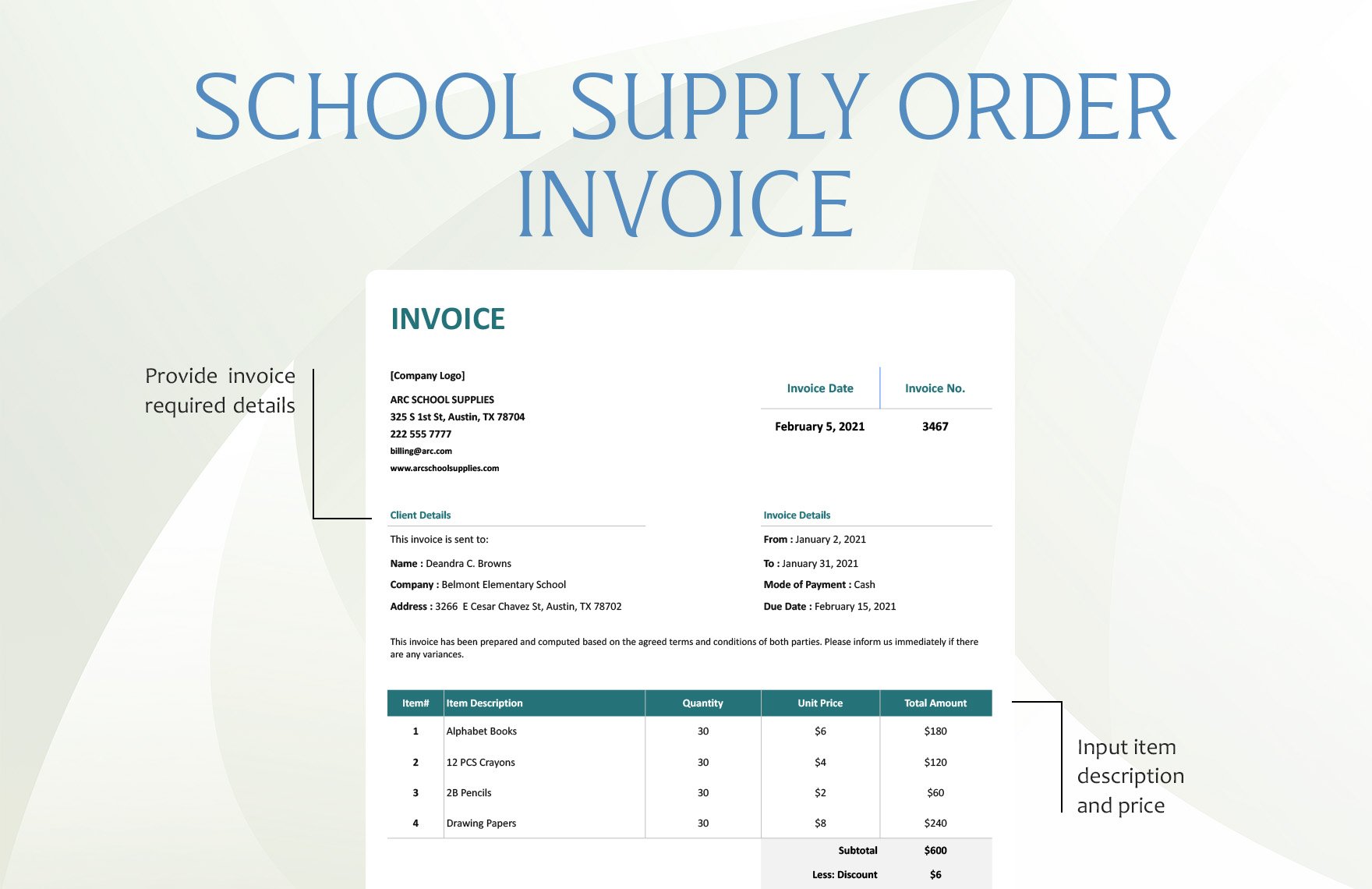 School Supply Order Invoice Template