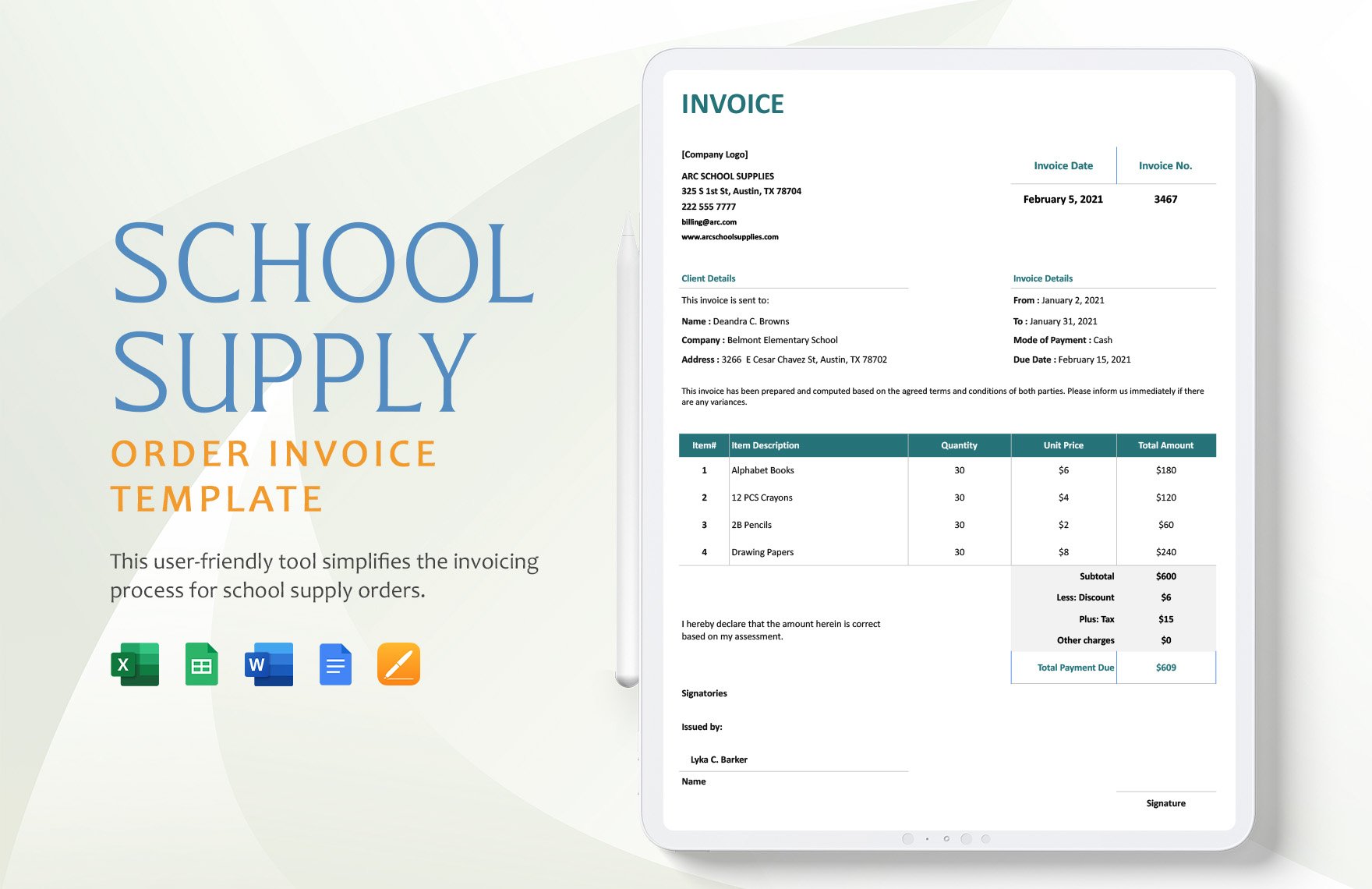 Free School Supply Order Invoice Template in Word, Google Docs, Excel, Google Sheets, Apple Pages