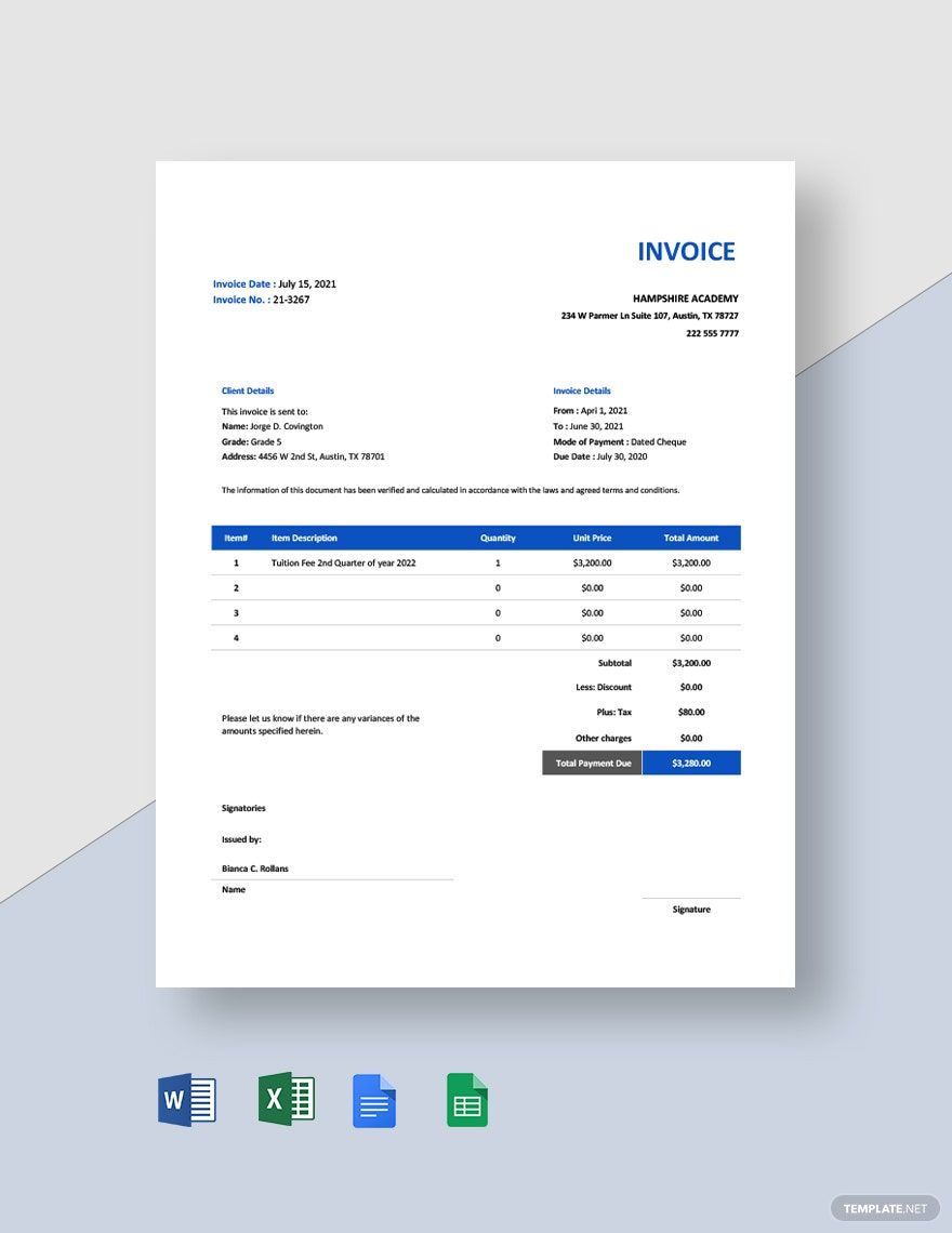 School Tuition Invoice Template in Google Docs, Excel, Word, Google Sheets, Pages - Download | Template.net