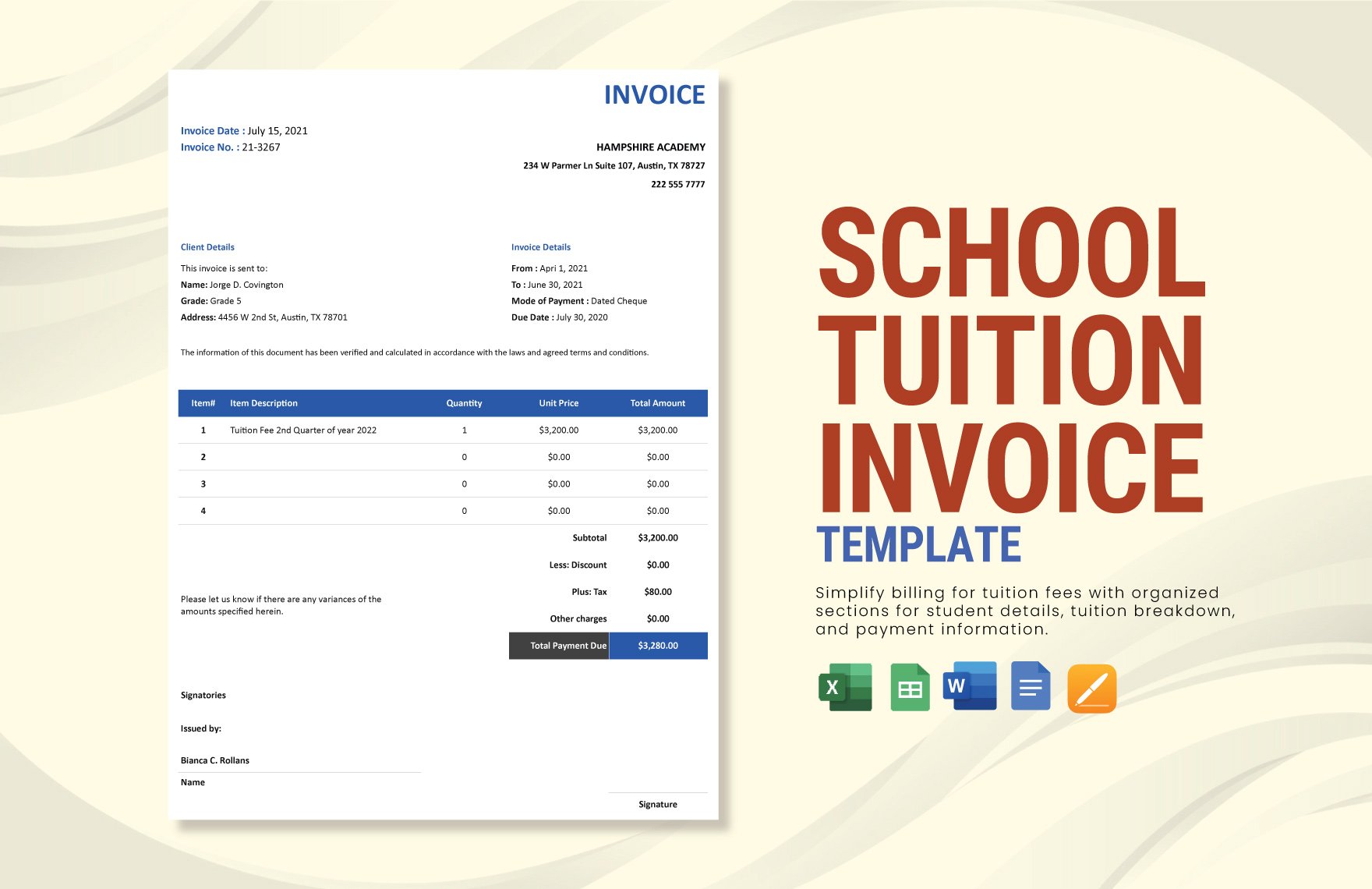 School Tuition Invoice Template in Word, Google Docs, Excel, Google Sheets, Apple Pages