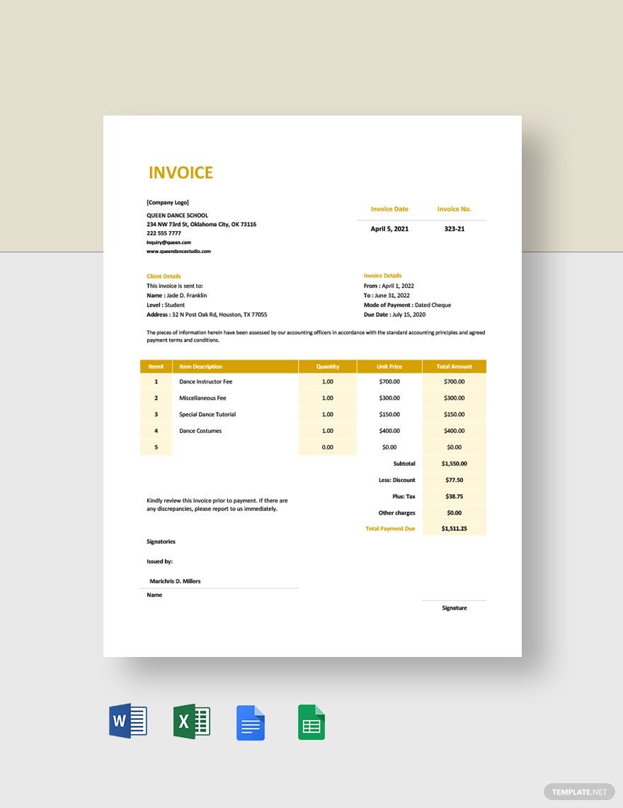 Dance School Invoice Template in Google Docs, Word, Excel, Google Sheets, Pages - Download | Template.net