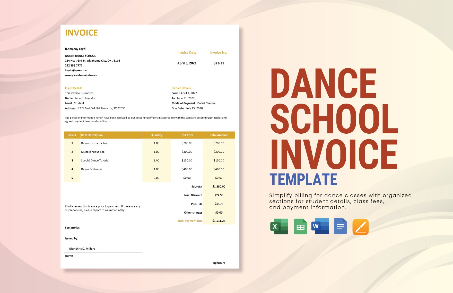 Dance School Invoice Template in Word, Google Docs, Excel, Google Sheets, Apple Pages