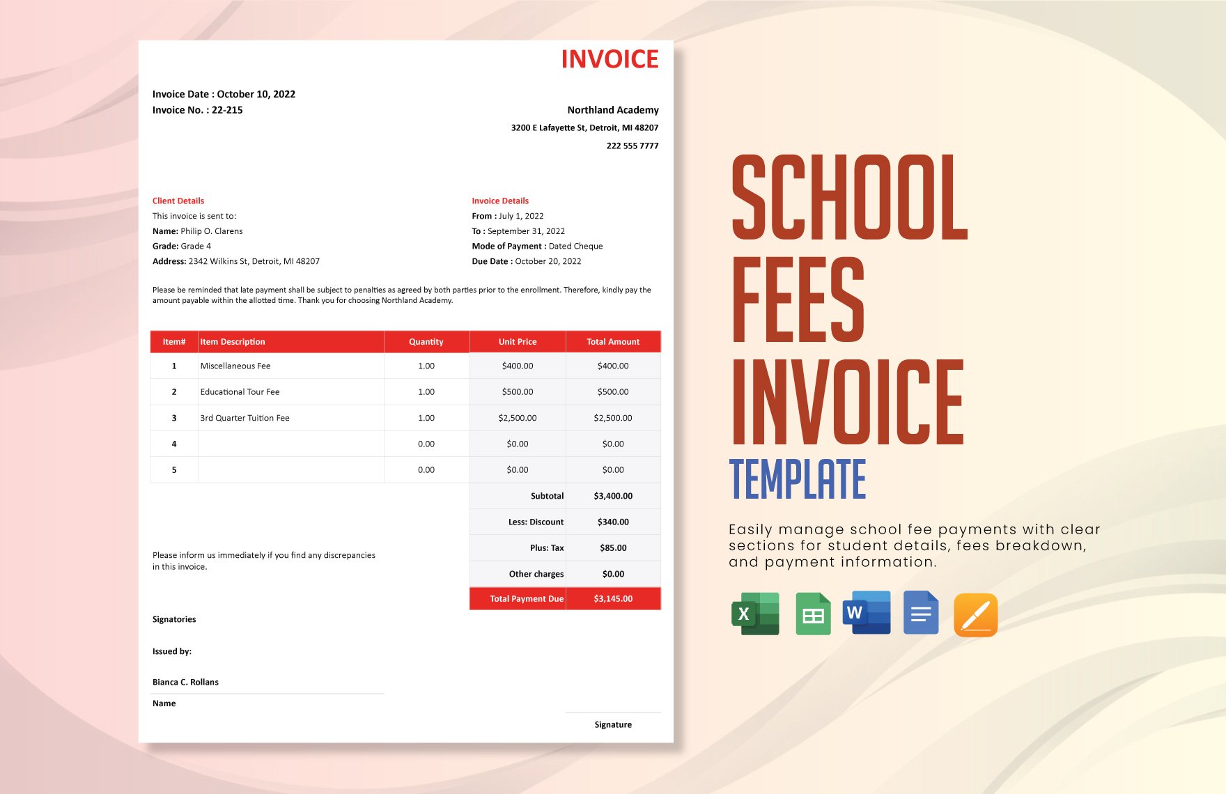 School Fees Invoice Template in Word, Google Docs, Excel, Google Sheets, Apple Pages