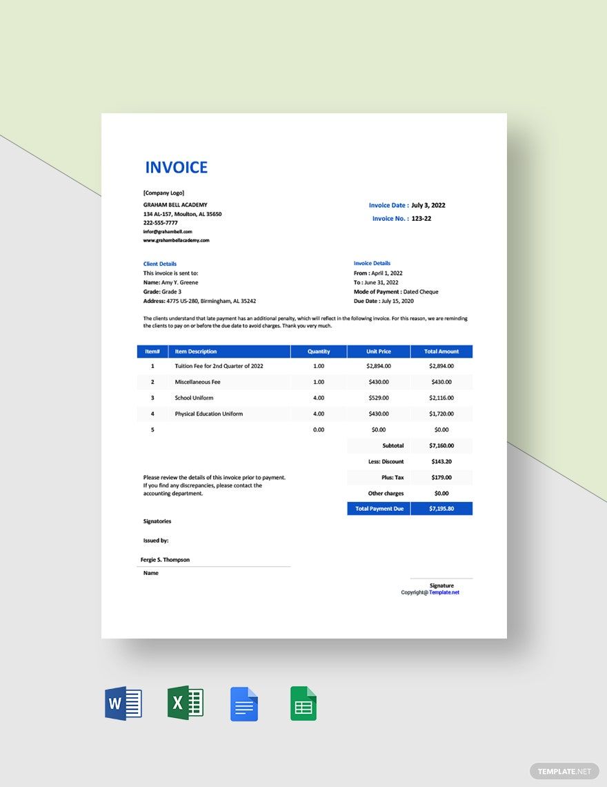 Sample School Invoice Template