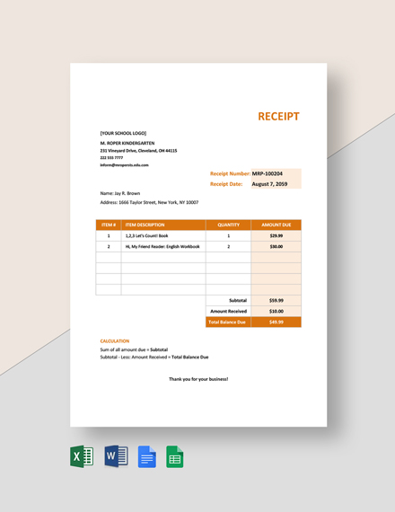 FREE School Fee Receipt Template - Word (DOC) | Excel | Apple (MAC ...