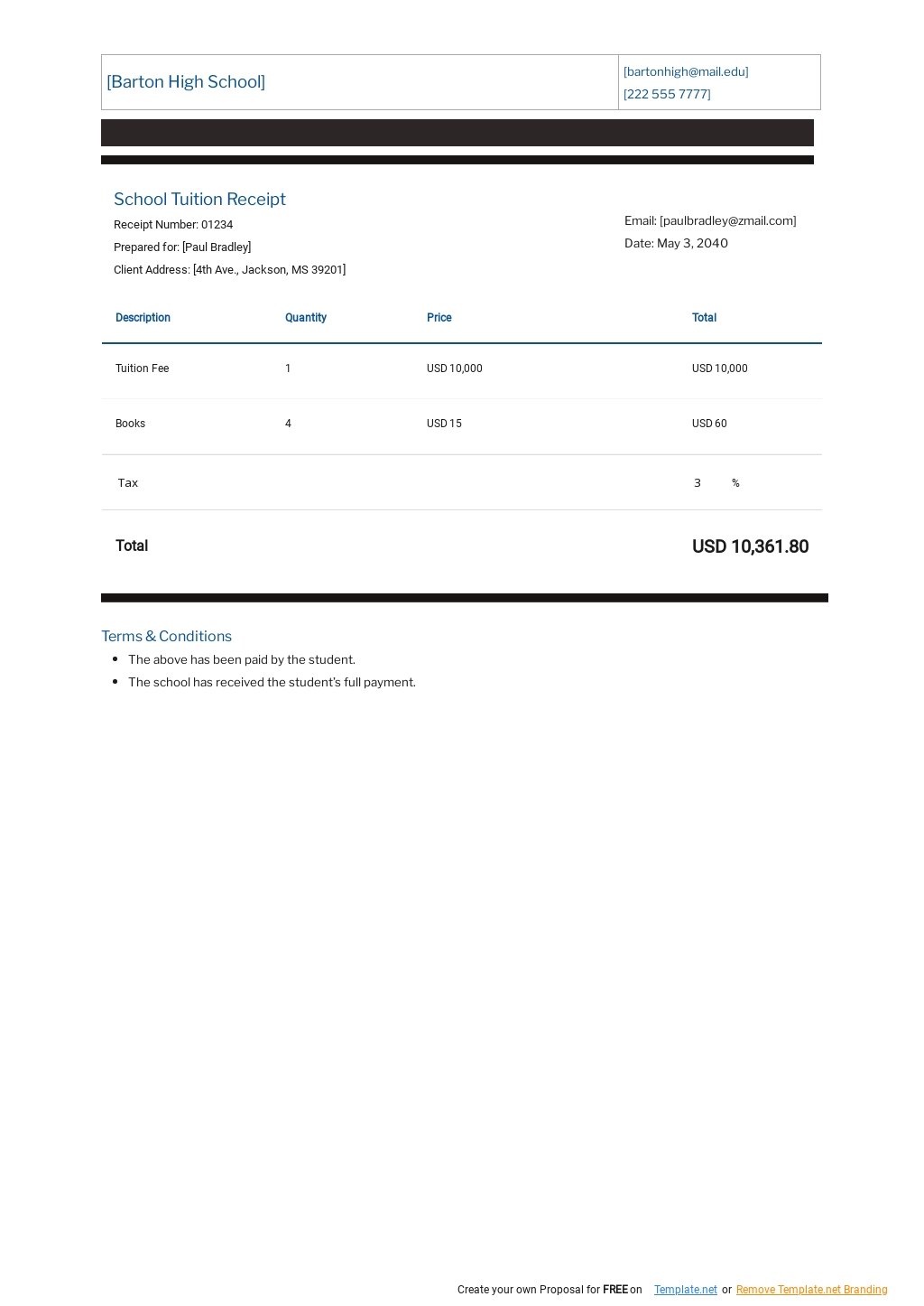 School Tuition Receipt Template - Google Docs, Google Sheets, Excel, Word