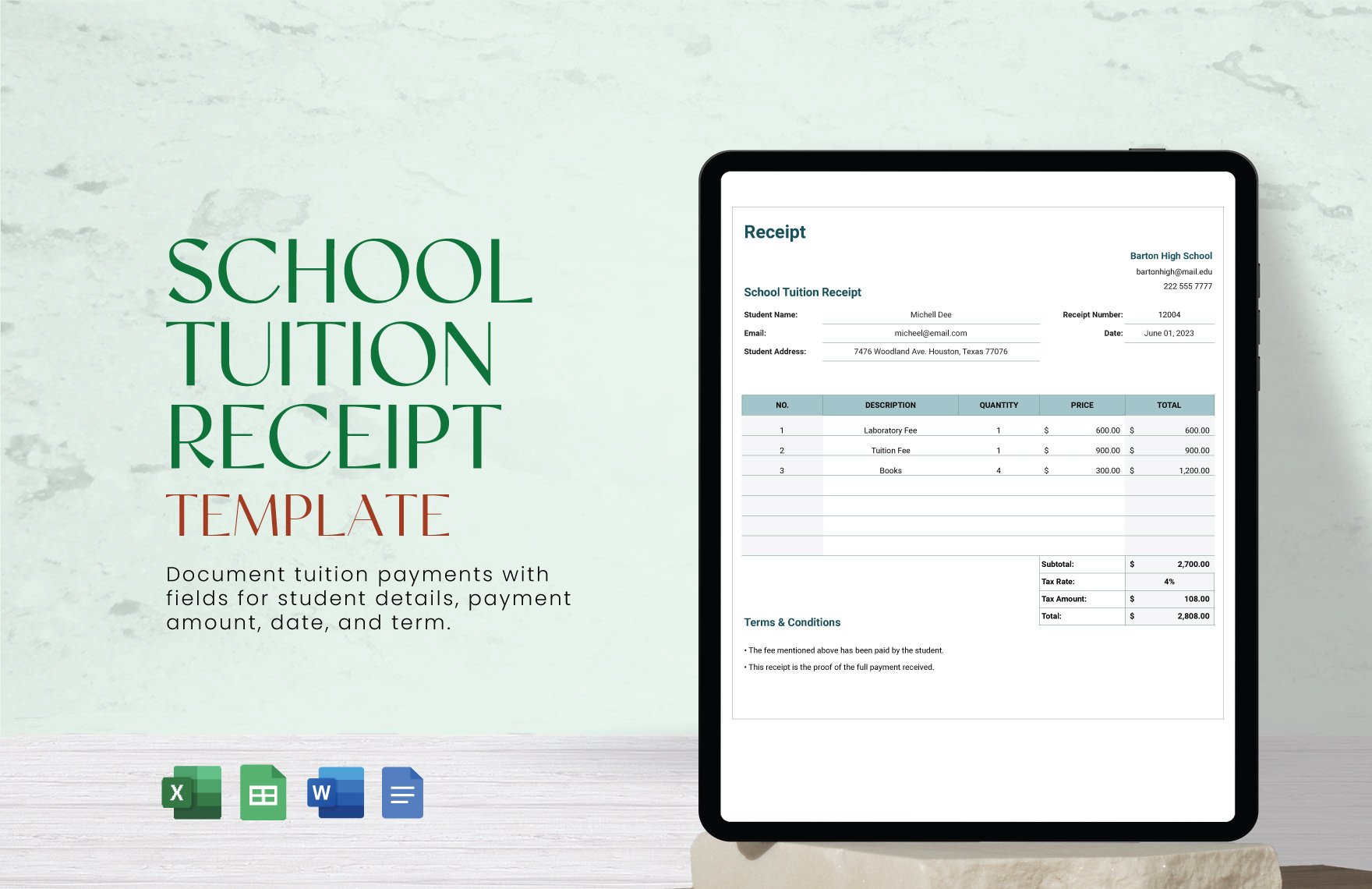 School Tuition Receipt Template in Word, Google Docs, Excel, Google Sheets - Download | Template.net