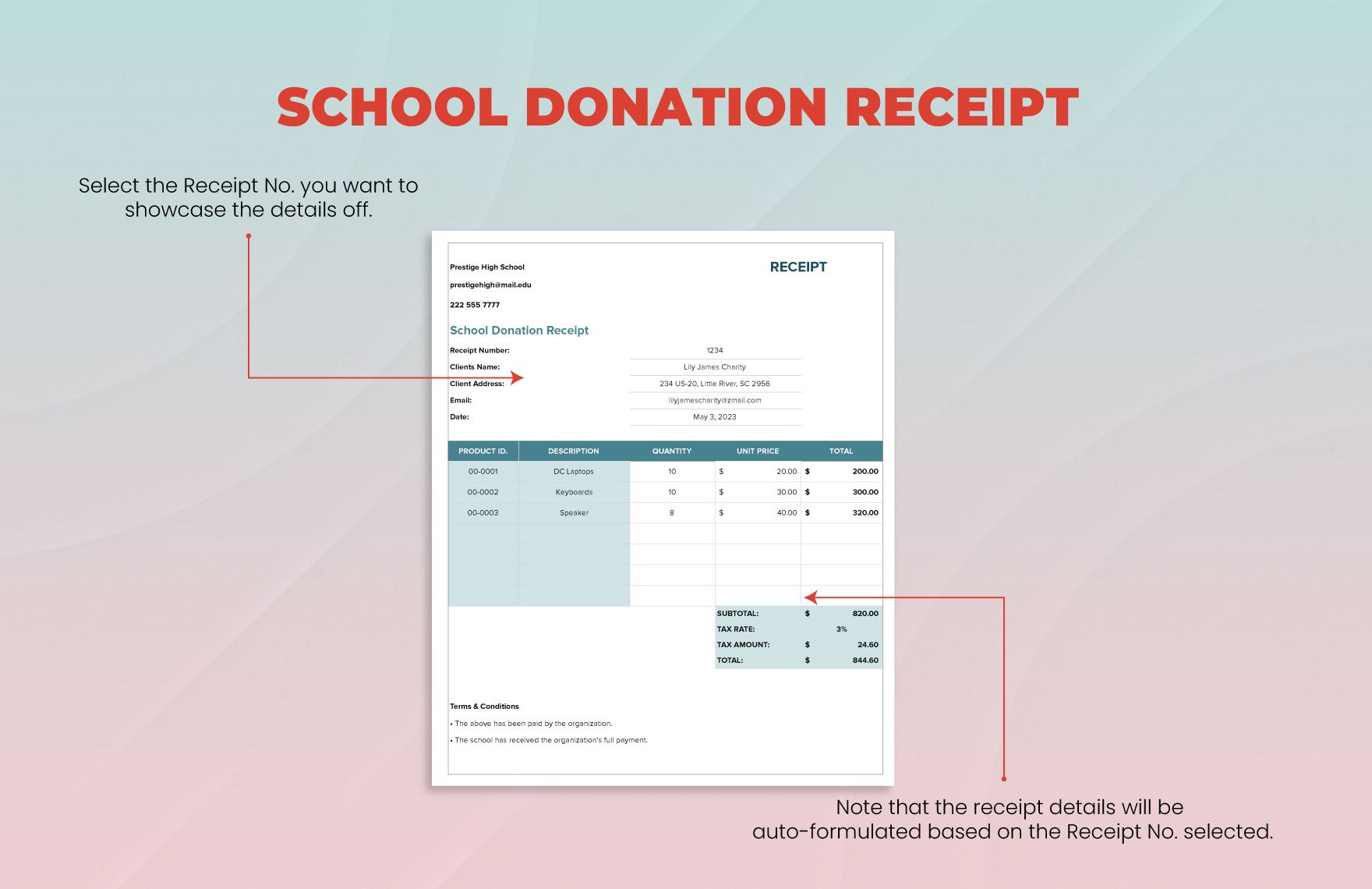 School Donation Receipt Template