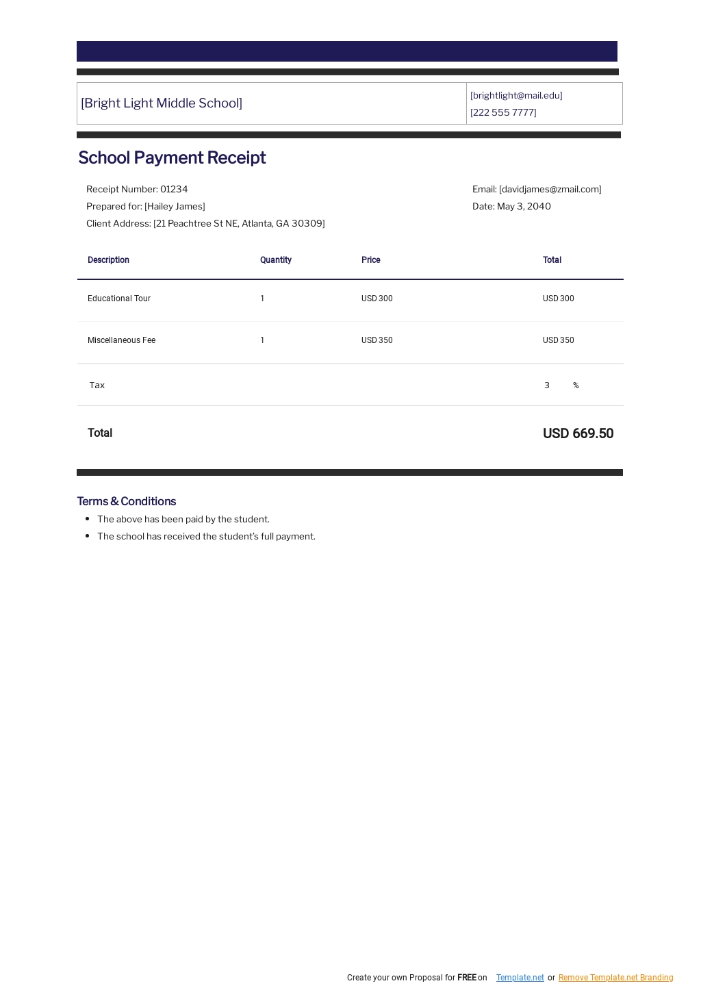 School Payment Receipt Template