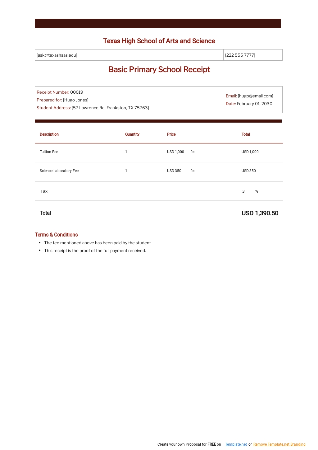 School Fee Payment Receipt Template - Google Docs, Google Sheets, Excel, Word
