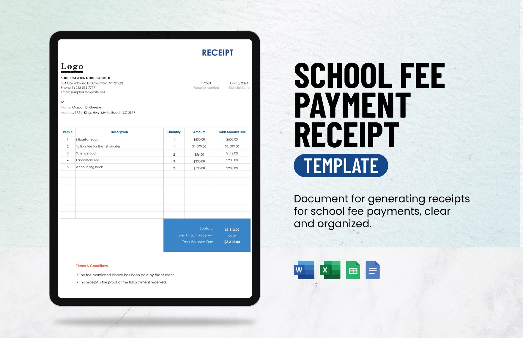 School Fee Payment Receipt Template in Word, Google Docs, Excel, Google Sheets