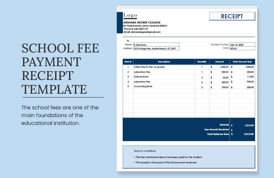 School Fee Payment Receipt Template