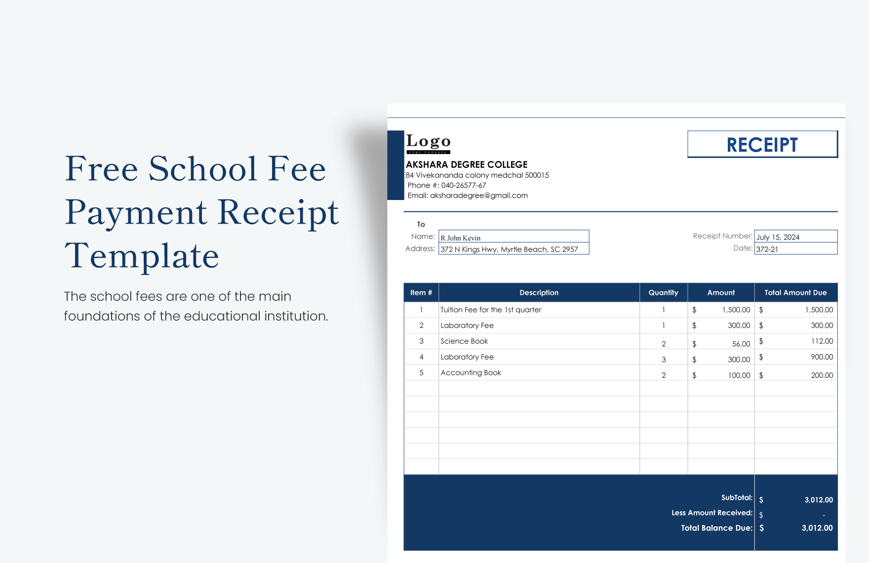 School Fee Payment Receipt Template