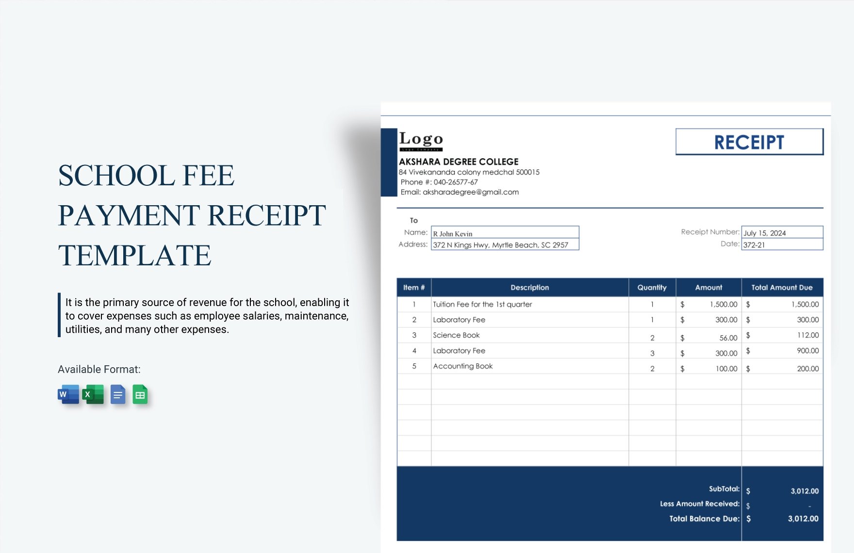 Free School Fee Payment Receipt Template in Word, Google Docs, Excel, Google Sheets