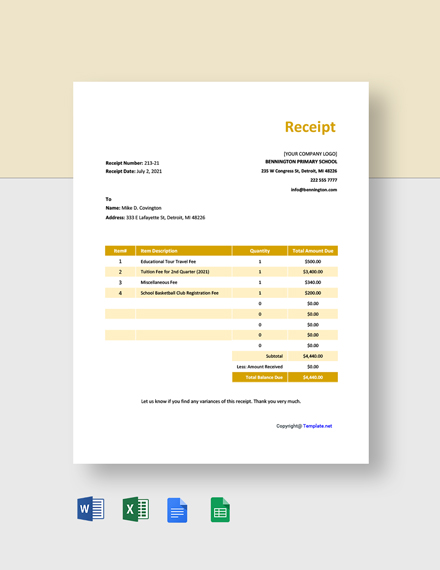 FREE School Receipt Template - Download in Word, Google Docs, Excel ...