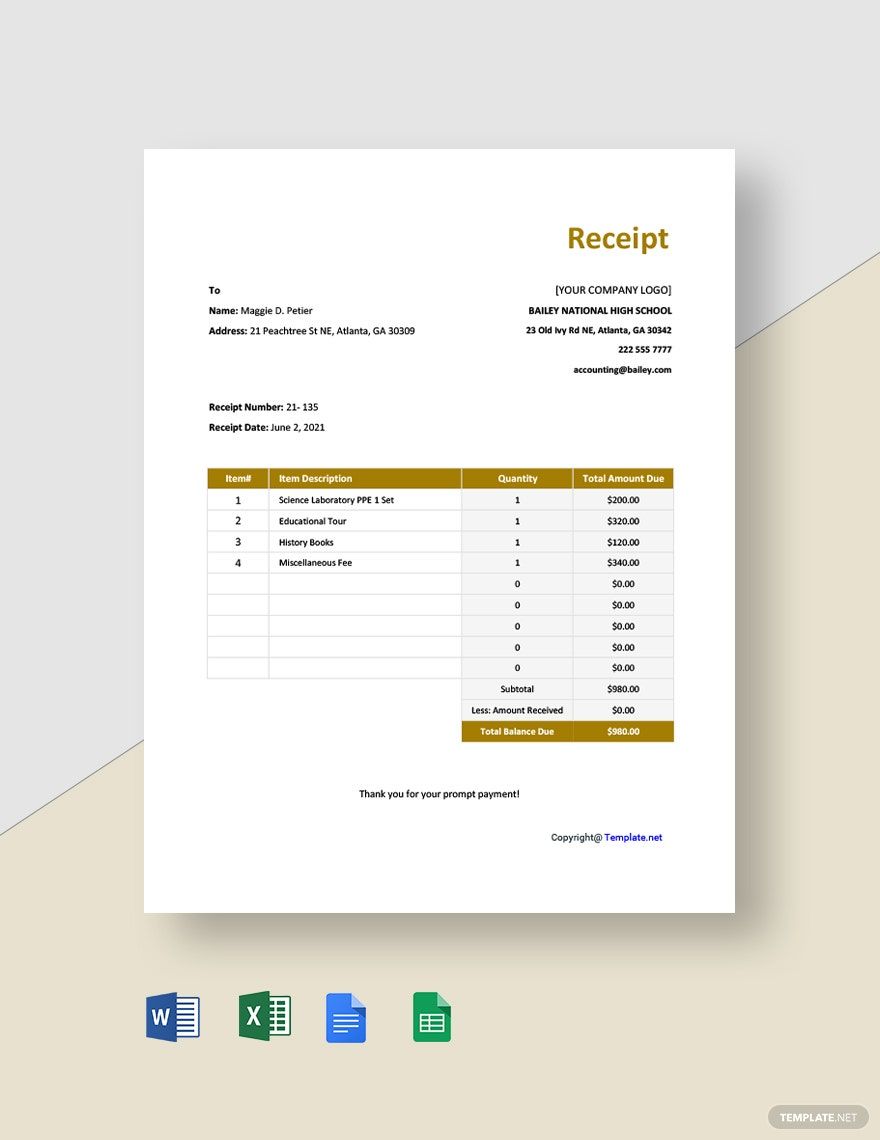 School Receipt Template Google Sheets