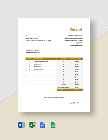 11+ FREE School Receipt Templates [Edit & Download] | Template.net