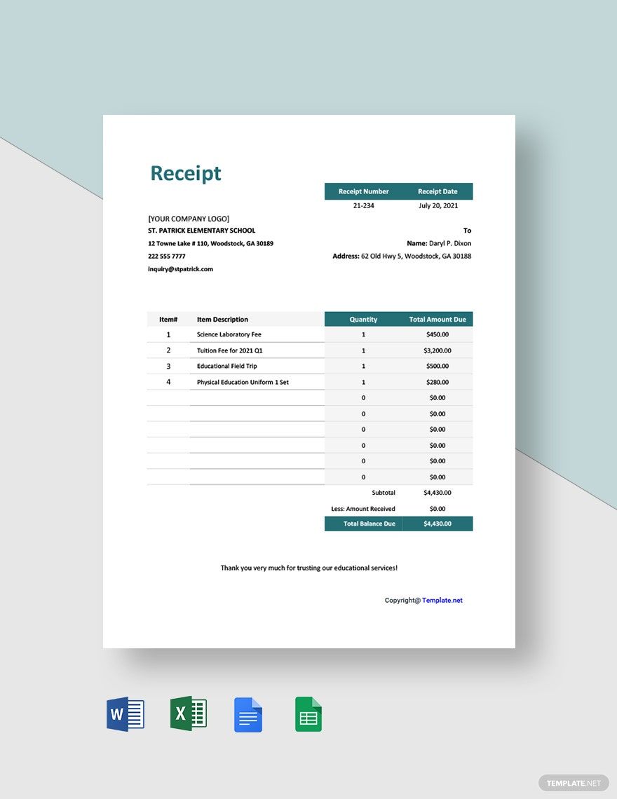 Free Sample School Cash Receipt Template - Google Docs, Google Sheets ...