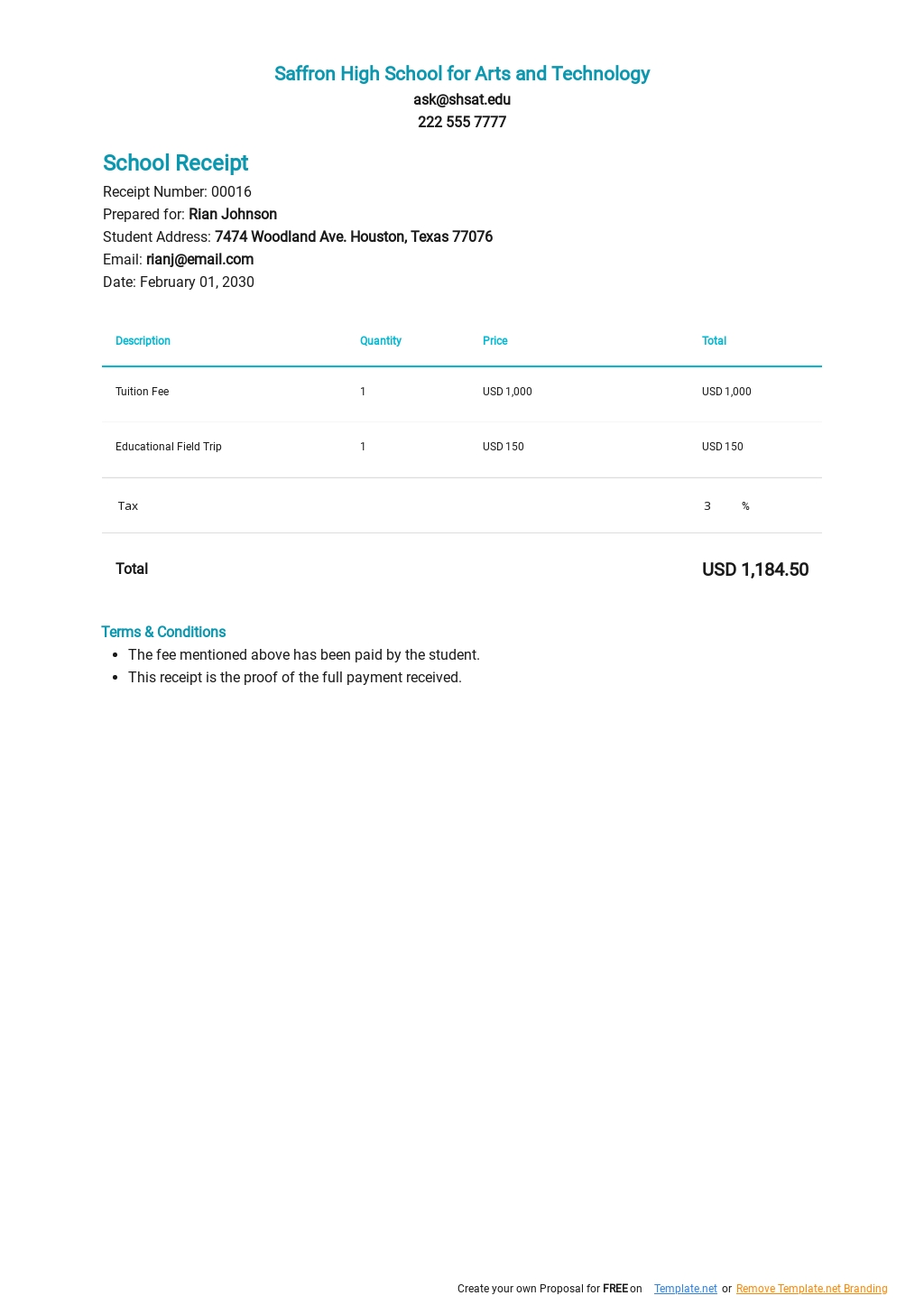 School Fee Receipt Template in Google Docs, Excel, Word, Apple Numbers ...