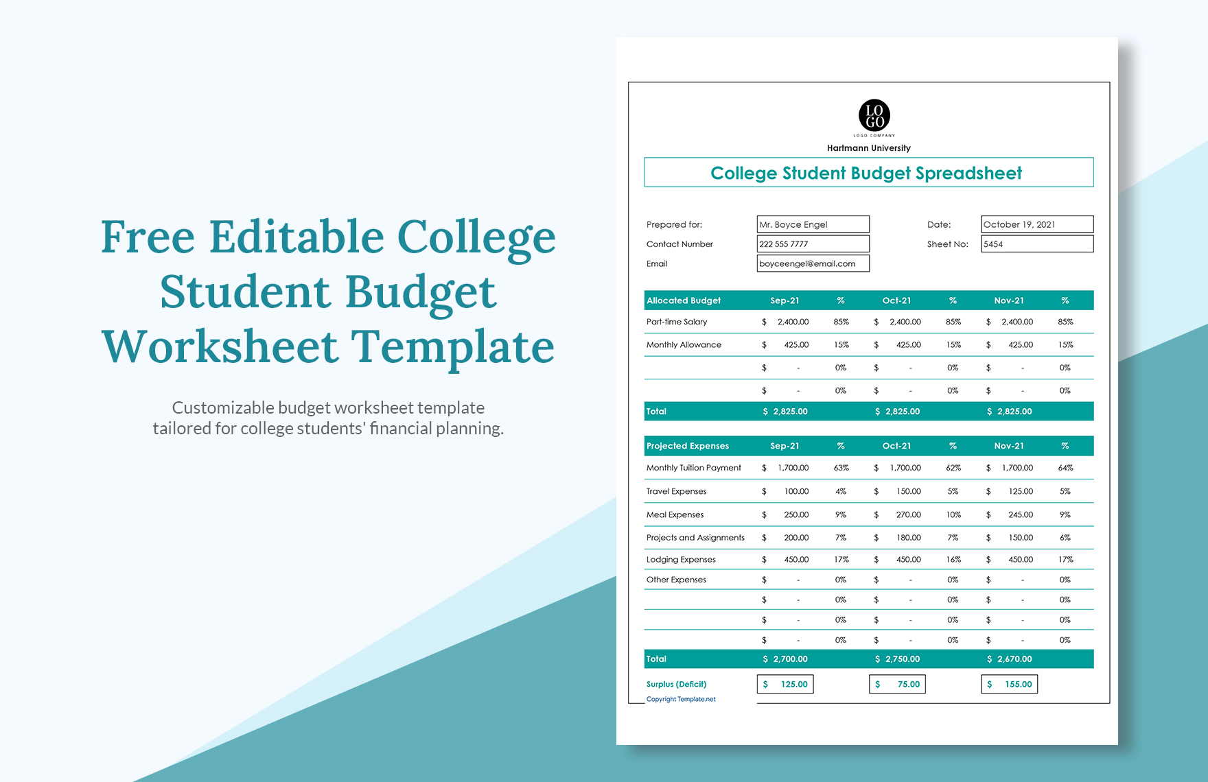 Editable College Student Budget Worksheet Template in Google Docs, Word