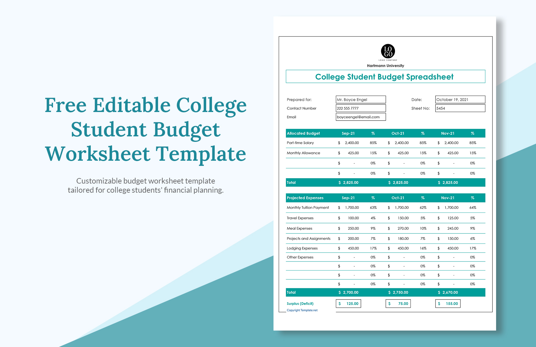 Editable College Student Budget Worksheet Template Download In Word Google Docs Excel