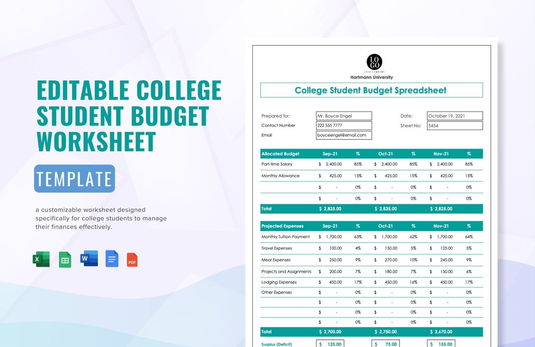 Editable College Student Budget Worksheet Template in Word, Google Docs, Excel, PDF, Google Sheets