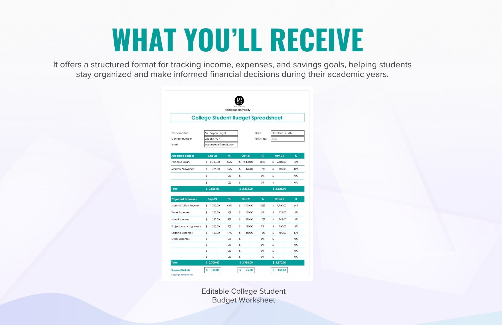 Editable College Student Budget Worksheet Template