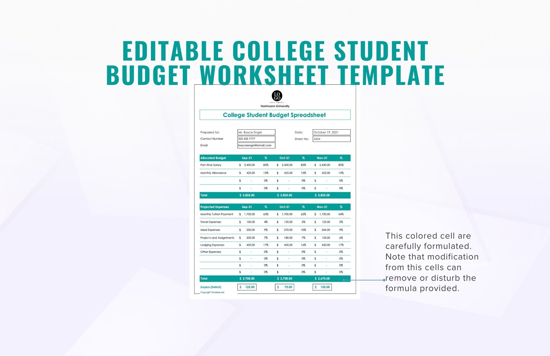 Editable College Student Budget Worksheet Template