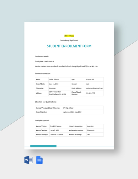 Editable Student Enrollment Form 
